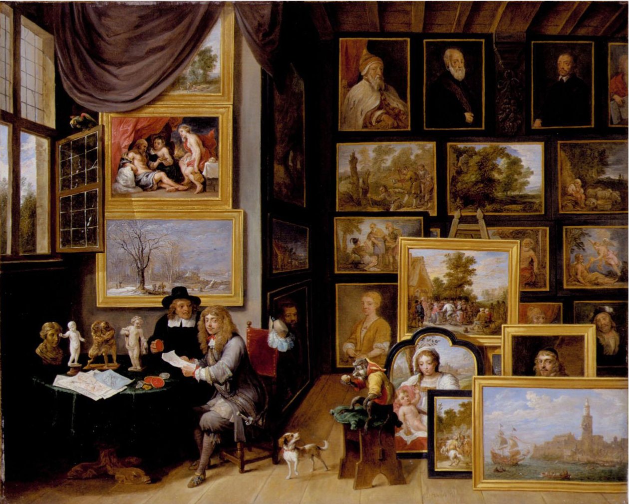 Galeria obrazów z dwoma mężczyznami badającymi pieczęć i rysunek czerwoną kredą oraz obecną małpą autorstwa David Teniers the Younger