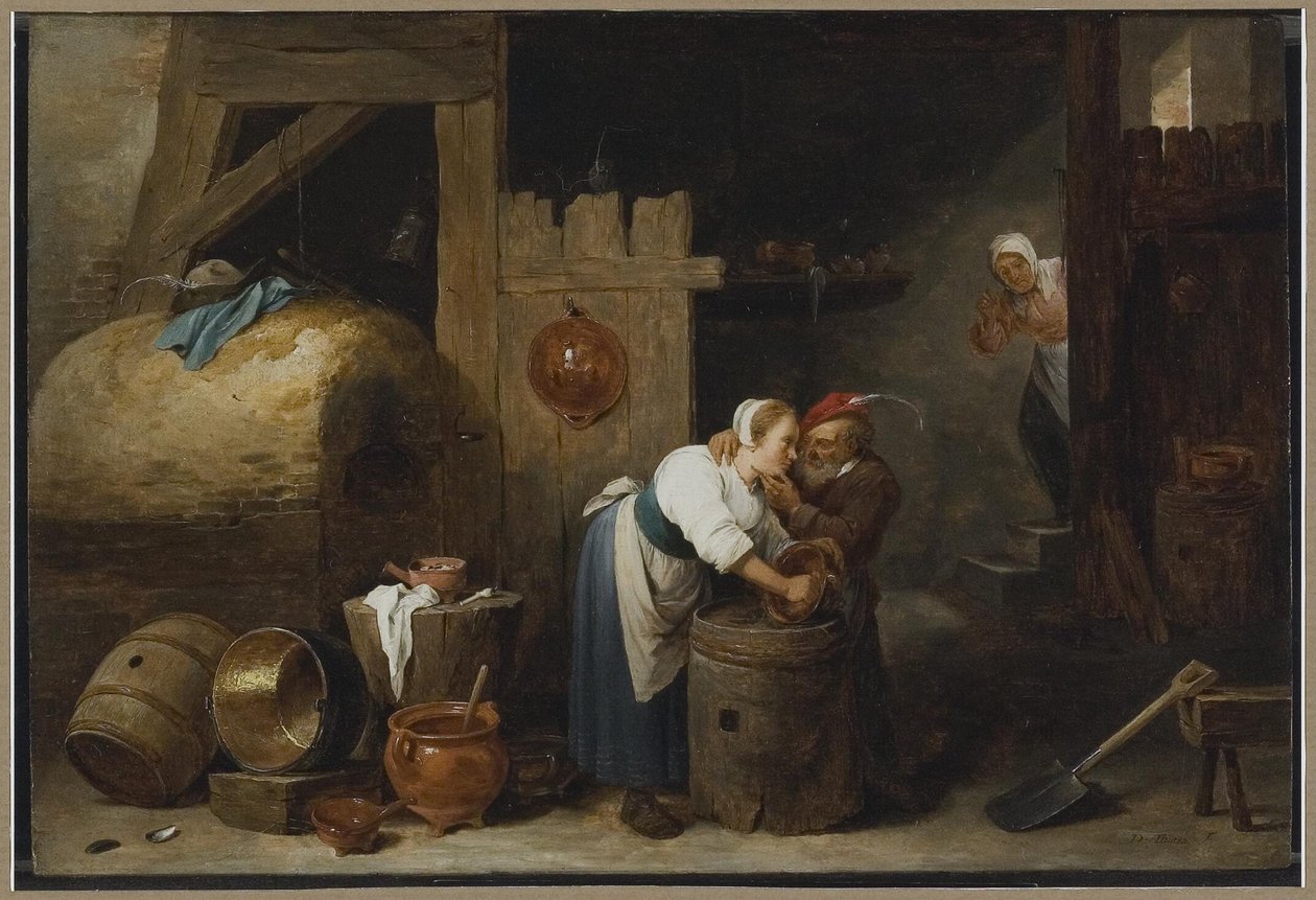 Wnętrze z młodą kobietą szorującą garnki, podczas gdy starszy mężczyzna ją niepokoi autorstwa David Teniers the Younger