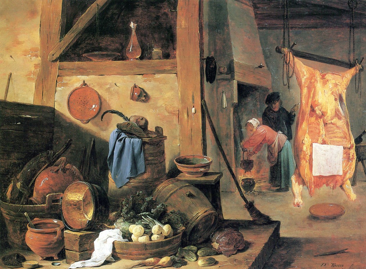 Wnętrze kuchni z martwą naturą i ubitym wołem autorstwa David Teniers the Younger