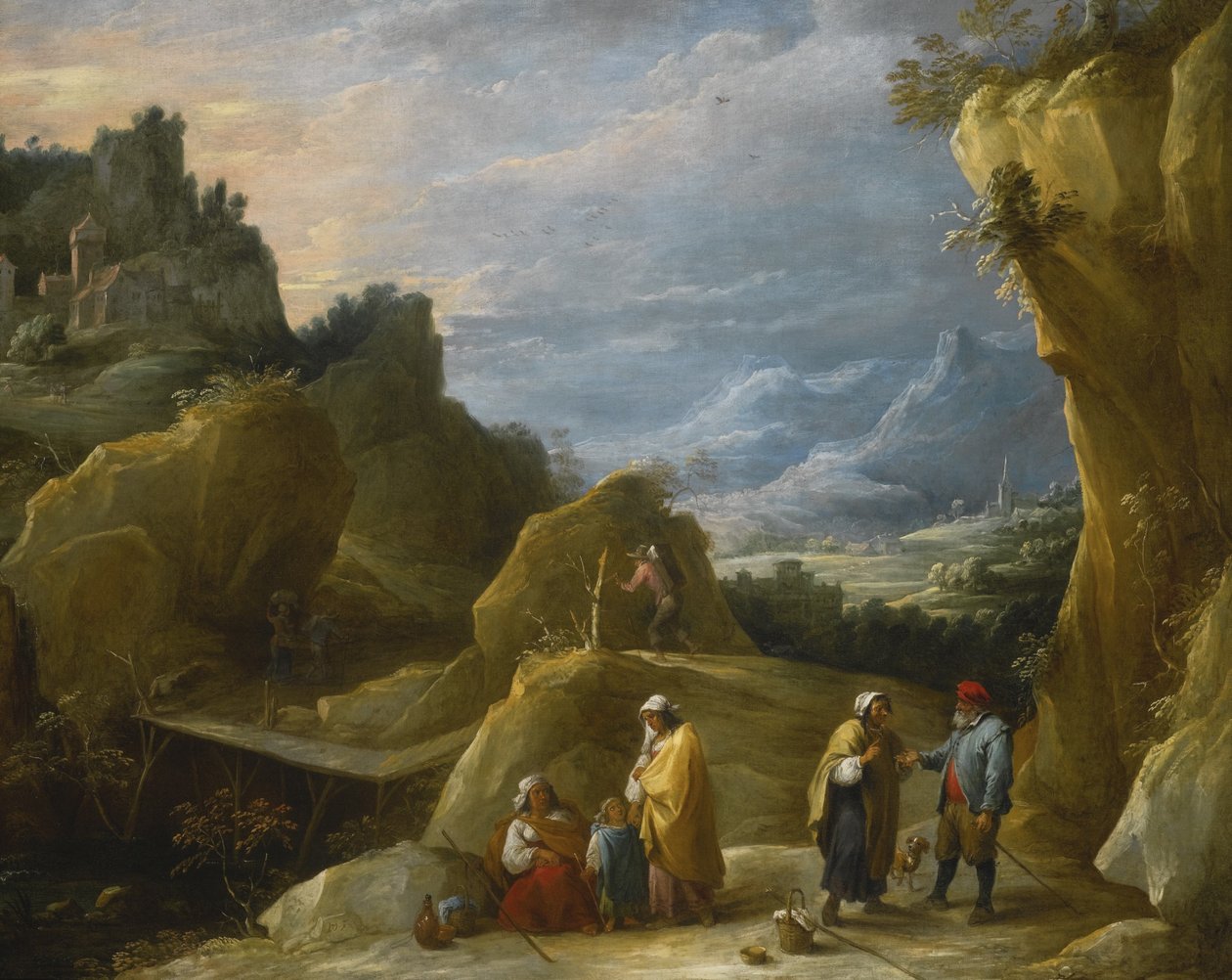 Górski krajobraz z cygańską wróżką autorstwa David Teniers the Younger