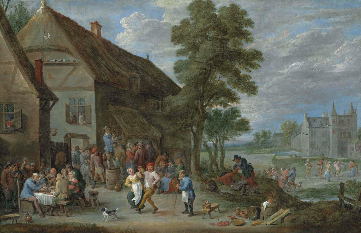 Chłopi tańczący przed karczmą w Perck, za którą widać Kasteel de Drij Toren autorstwa David Teniers the Younger