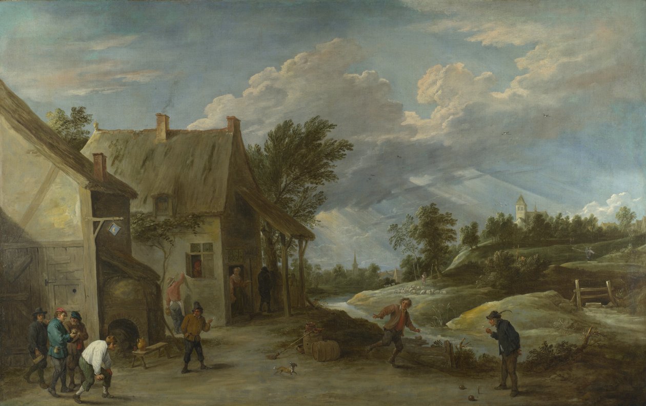 Chłopi grający w kręgle przed wiejską karczmą, ok. godz. 1660 autorstwa David Teniers the Younger