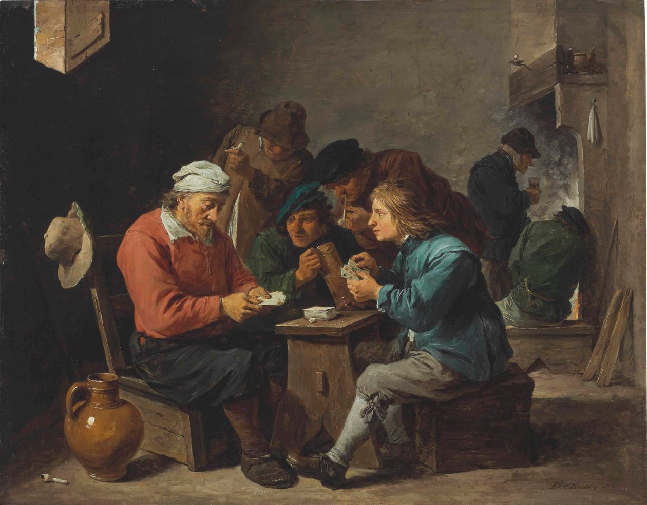 Chłopi grający w karty we wnętrzu autorstwa David Teniers the Younger