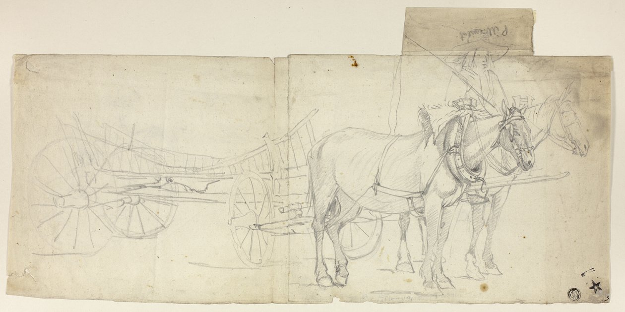 Dwukonny zaprzęg z woźnicą, ciągnący powóz (recto); Szkice pochylonych kobiet (verso) autorstwa David Teniers the Younger