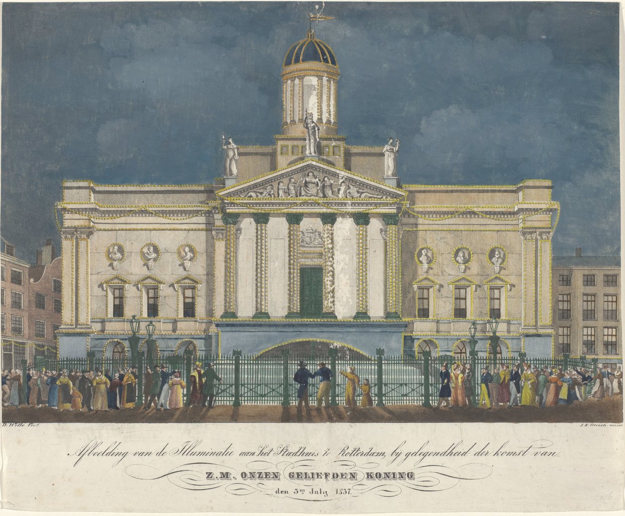 Wizerunek iluminatów ratusza w Rotterdamie, z okazji przybycia H.M. naszego ukochanego króla 3 lipca 1837 (tytuł na obiekcie) autorstwa David Welle