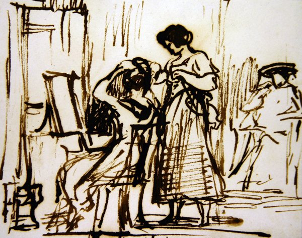 Wnętrze z kobietą uczesaną (tusz na papierze) autorstwa David Wilkie