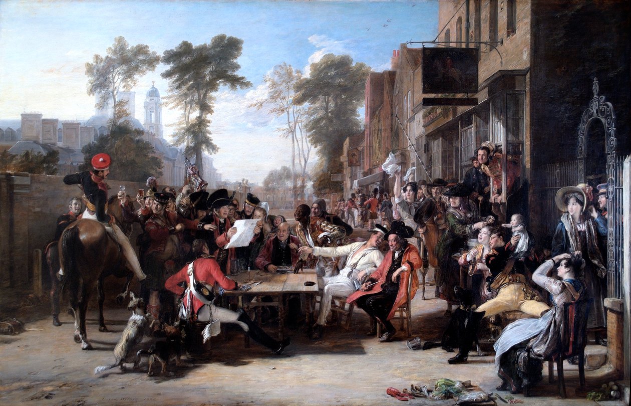 Emeryci z Chelsea czytający depeszę z Waterloo (olej na płótnie) autorstwa David Wilkie