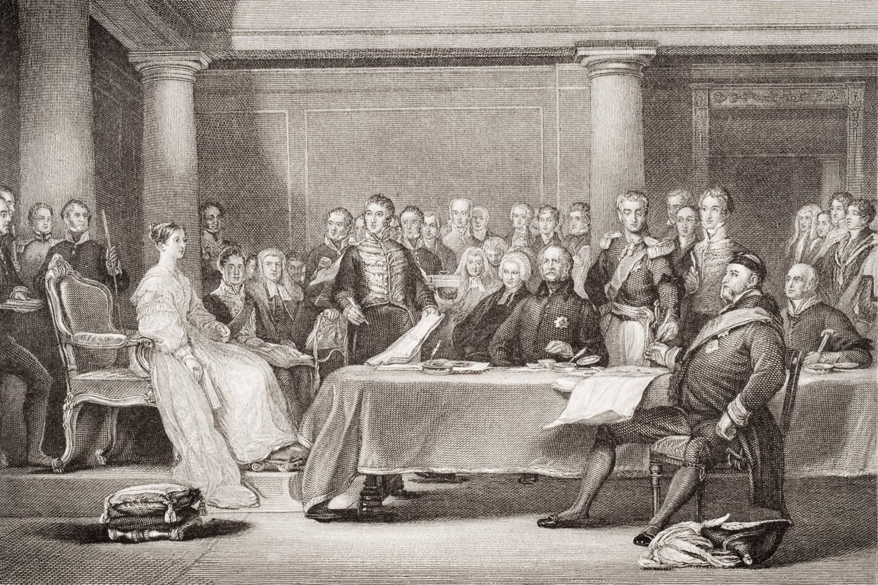 Pierwsza Rada Królowej Wiktorii, Pałac Kensington, 21 czerwca 1837, z „Ilustracji historii angielskiej i szkockiej” Tom II autorstwa David Wilkie