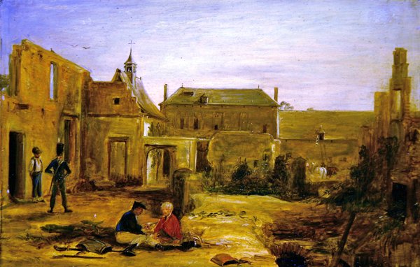 Żołnierze w ruinach zamku Hougoumont, Waterloo (olej na płótnie) autorstwa David Wilkie