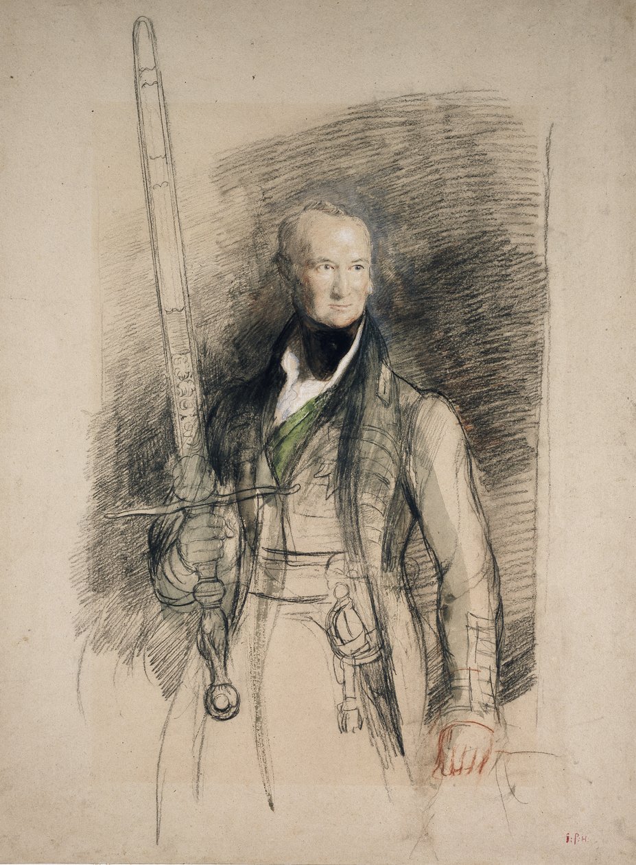 Hrabia Morton z mieczem państwowym, 1824 (czarno-czerwona kreda z wc i bodykolorem na szarym papierze) autorstwa David Wilkie