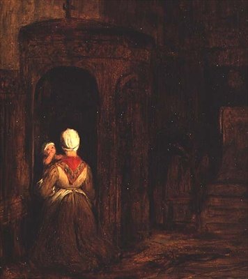 Kobieta z dzieckiem klęczy w konfesjonale autorstwa David Wilkie