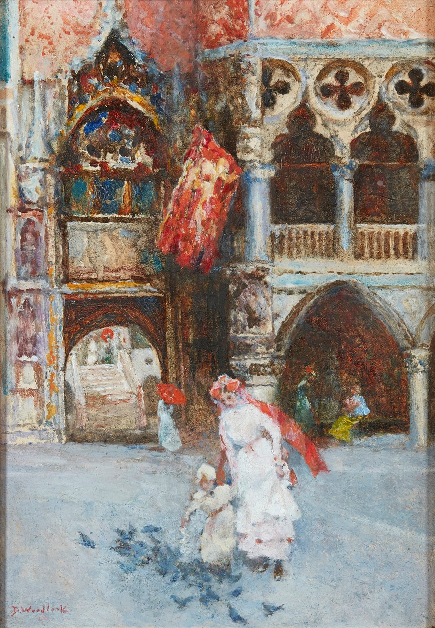 Karmienie gołębi, Plac Św. Marka, Wenecja (olej na tekturze) autorstwa David Woodlock