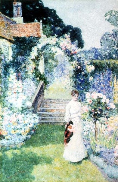 Pielęgnowanie róż w ogrodzie Cheshire (akwarela) autorstwa David Woodlock