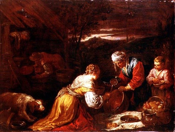 Chłopi przygotowujący jedzenie poza chatą, za nią rozległy krajobraz autorstwa David the Younger (attr. to) Teniers