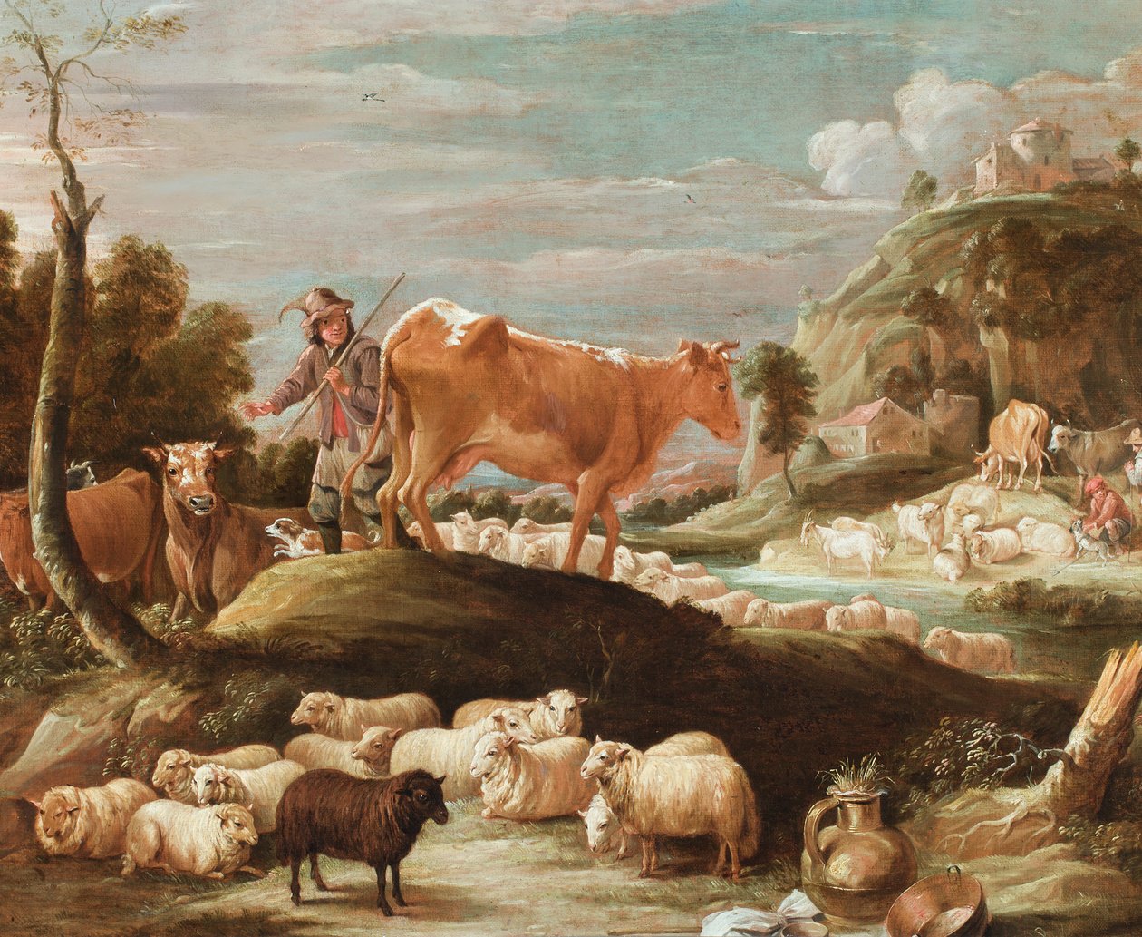 Pasterz z bydłem i owcami w pobliżu strumienia (olej na płótnie) autorstwa David the Younger (follower of) Teniers