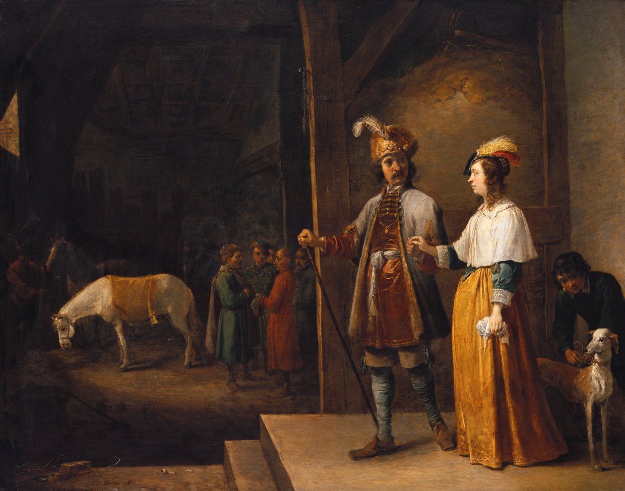 Dama i dżentelmen wchodzą do stajni autorstwa David Teniers the Younger