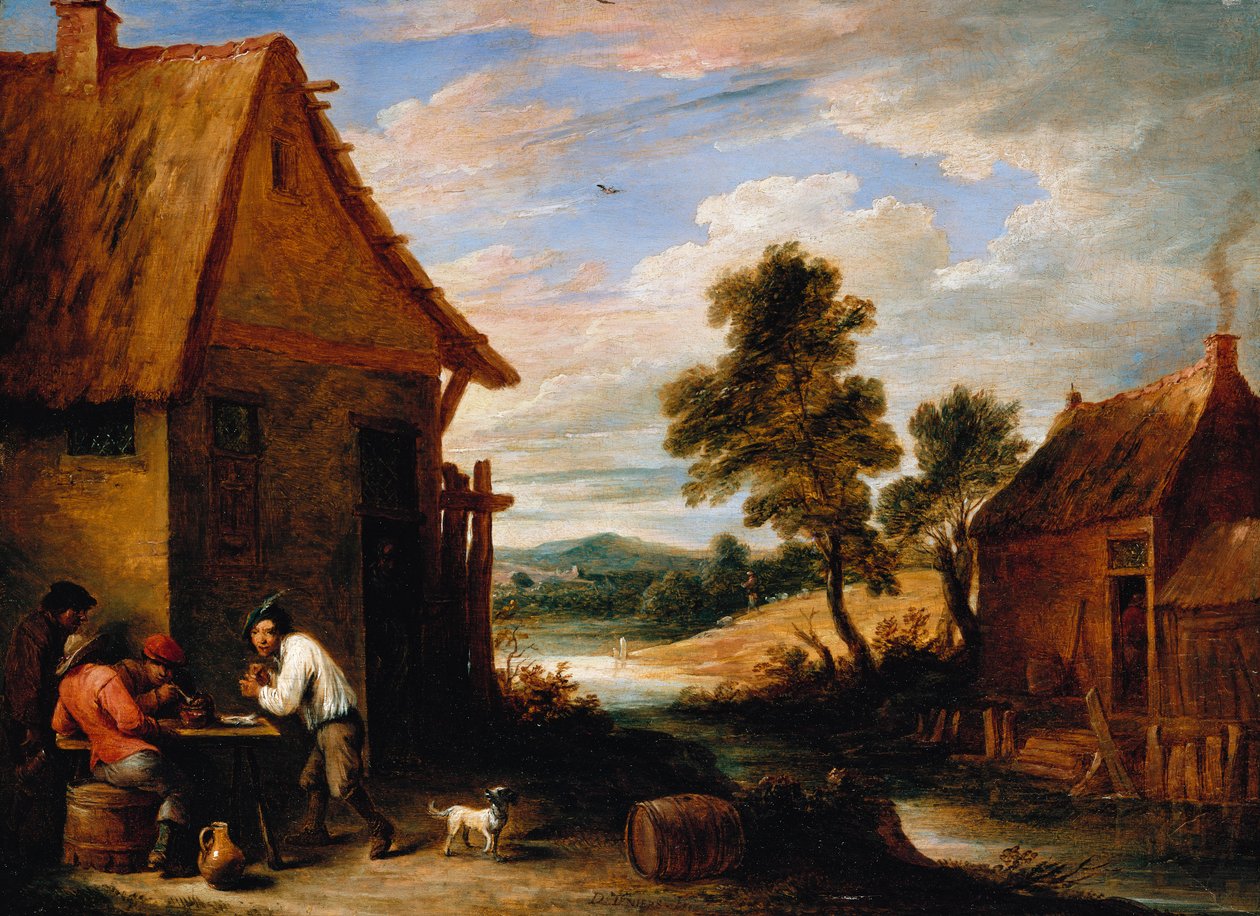 Krajobraz rzeczny z chłopami za karczmą autorstwa David Teniers the Younger