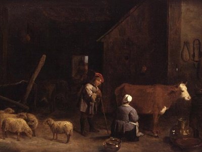 Pasterz rozmawiający z dojarką w oborze autorstwa David Teniers the Younger