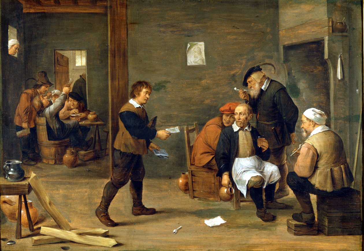 Grupa mężczyzn rozgrzewających się przed kominem. Obraz Davida Teniersa dit Le Jeune (1610-1690) Mediolan, Museo del castello. autorstwa David Teniers the Younger