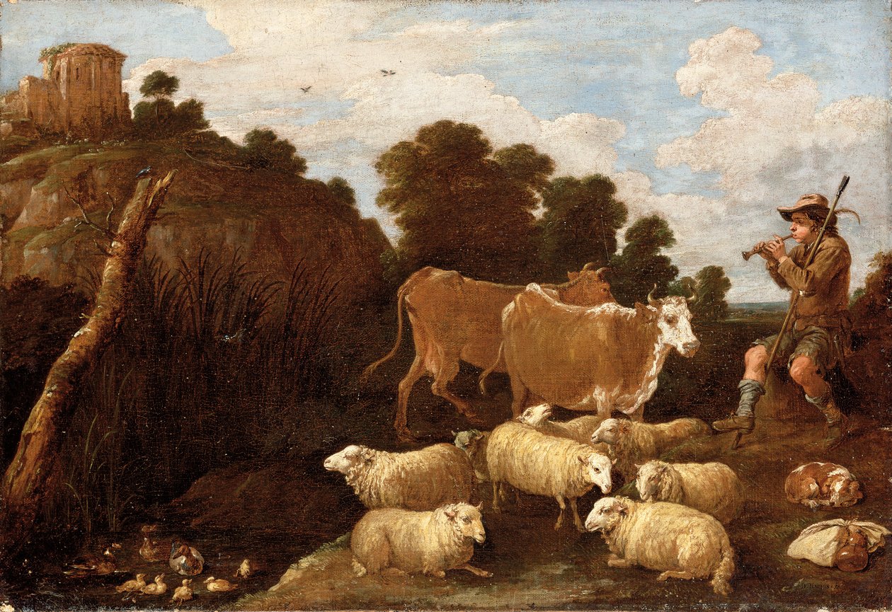 Krajobraz rzeczny z pasterzem grającym na fajce z klasycznymi ruinami na wzgórzu za nim autorstwa David Teniers the Younger