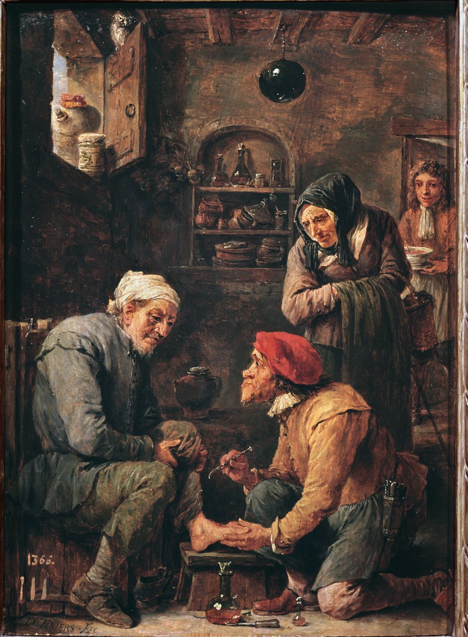 Operacja chirurgiczna, lekarz przed otwarciem stopy pacjenta (olej na płótnie) autorstwa David Teniers the Younger