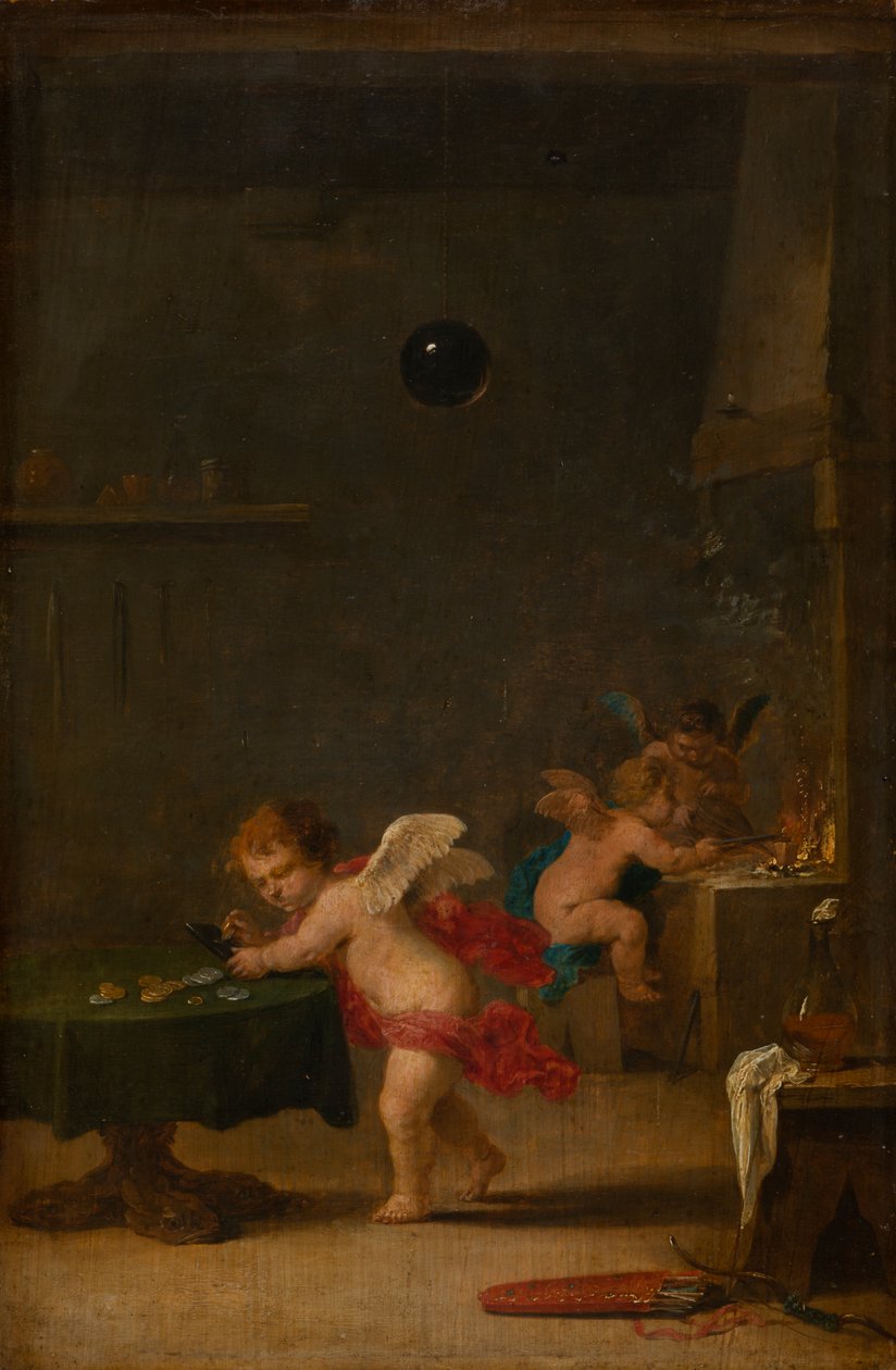 Amoretti w pracowni alchemika, ok. 1635-37 (olej na drewnie dębowym) autorstwa David the Younger Teniers