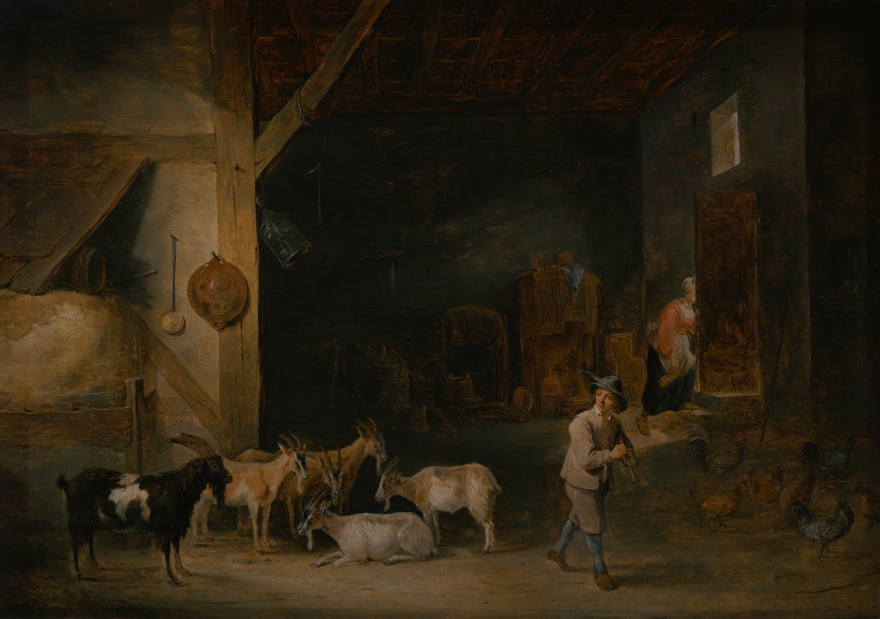 Stodoła z kozami i chłopcem grającym na flecie prostym, ok. 1640-45 autorstwa David Teniers the Younger