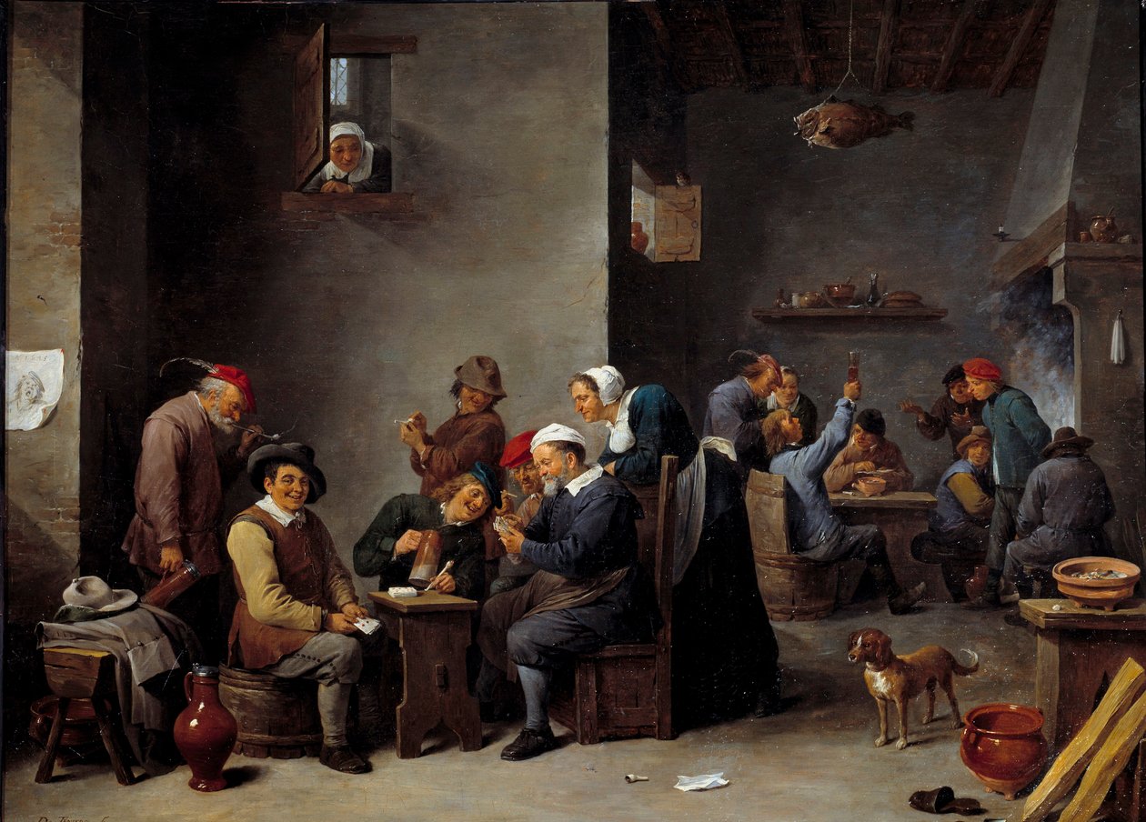 Wnętrze kabaretu. Gra karciana. David Teniers II powiedział Młodszy (1610 - 1690) Ec. Płomień. autorstwa David Teniers the Younger