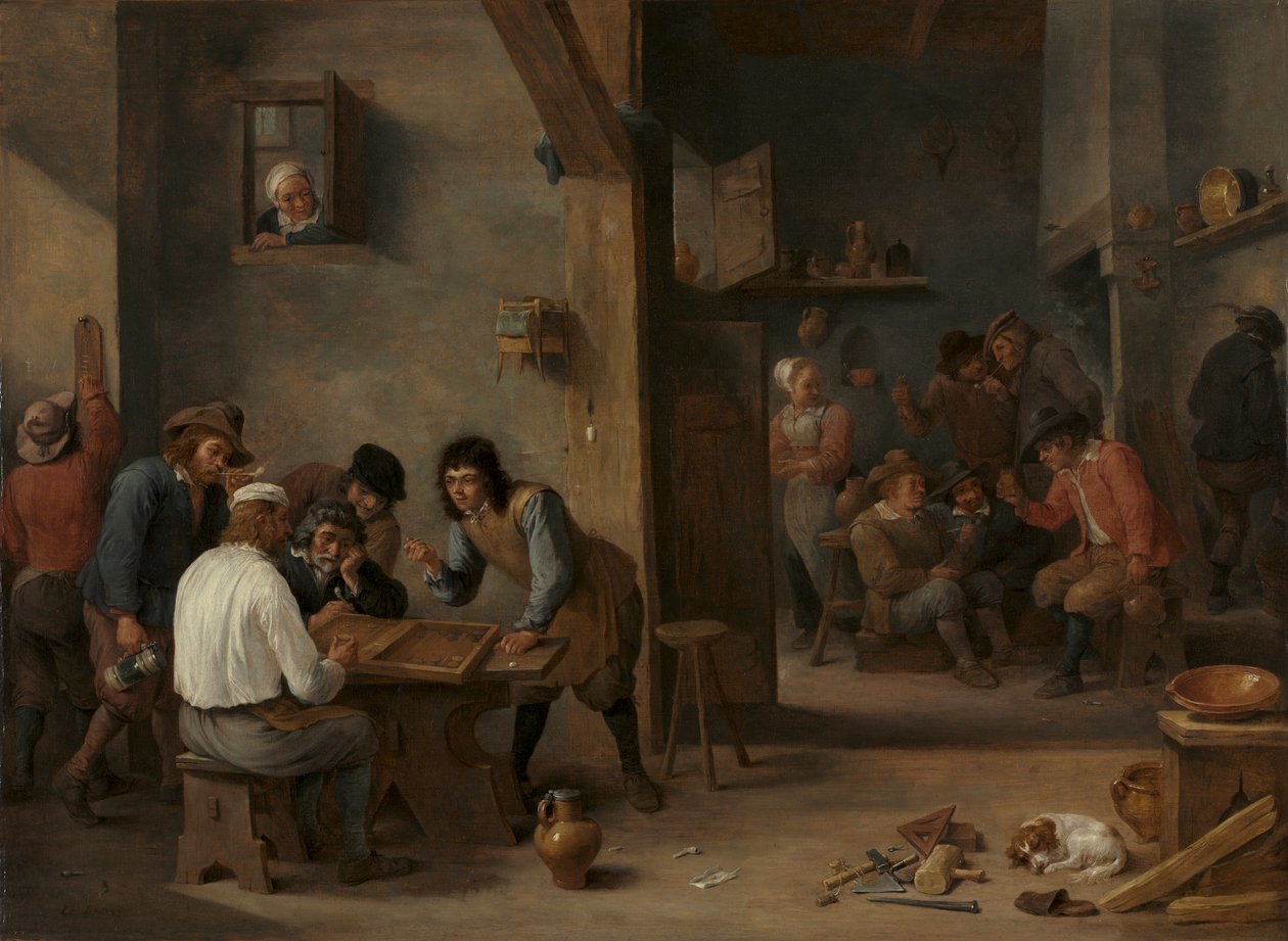 Gra w tryktraka, ok. 1640 r. (olej na drewnie, przeniesiony na płótno) autorstwa David Teniers the Younger