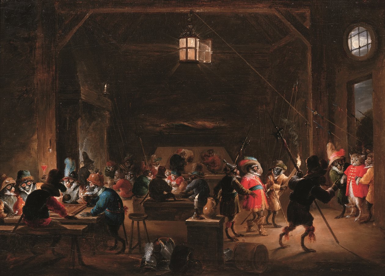 Wartownia z małpami, ok. 1633 (olej na płycie) autorstwa David the Younger Teniers