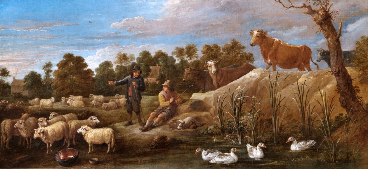 Krajobraz z dwoma pasterzami, bydłem i kaczkami (olej na płótnie) autorstwa David Teniers the Younger