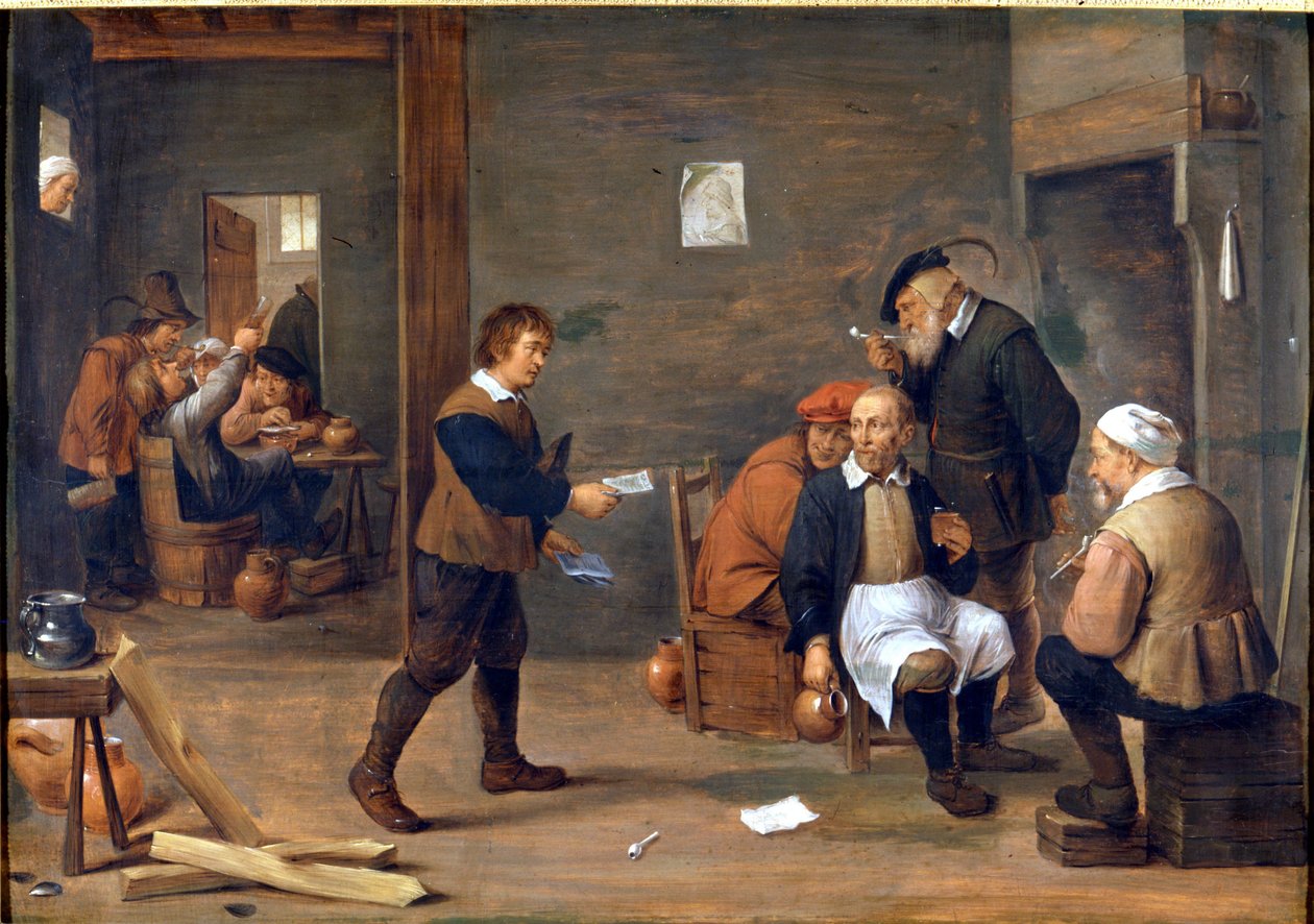 Mężczyźni grzejący się przed kominkiem w bistro Davida Teniersa (1610 - 1690).Museo del Castello. Mediolan autorstwa David Teniers the Younger