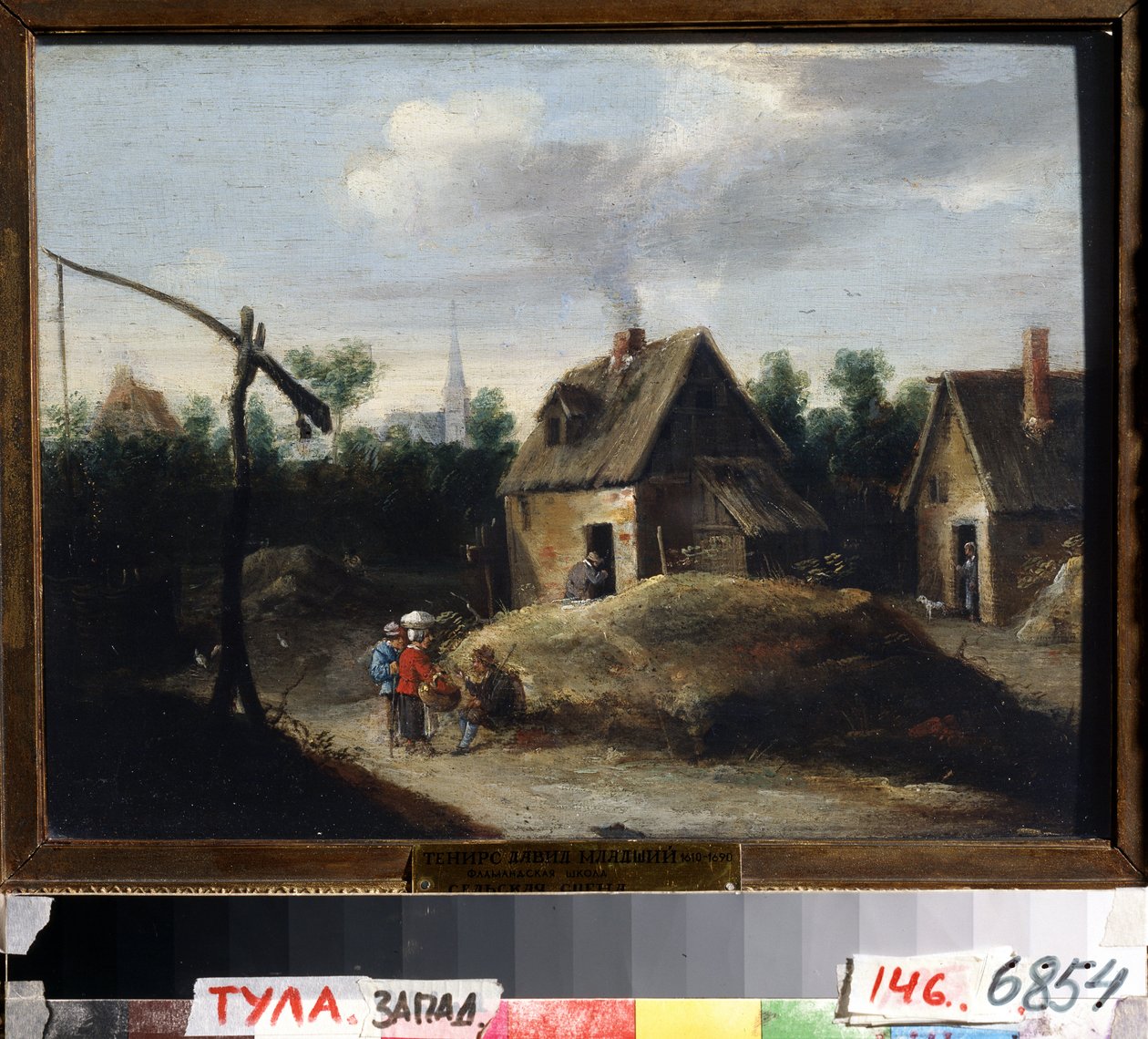 Krajobraz kraju. Obraz Davida Teniersa młodszego (1610-1690). Olej na drewnie, 29,5 x 34,5 cm. Sztuka flamandzka, styl barokowy. Państwowe Muzeum Sztuki, Tula (lub Tolan), Rosja. autorstwa David Teniers the Younger