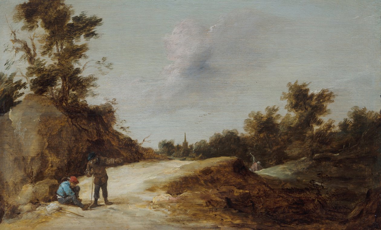 Chłopi odpoczywający na ścieżce w skalistym, zalesionym krajobrazie autorstwa David Teniers the Younger
