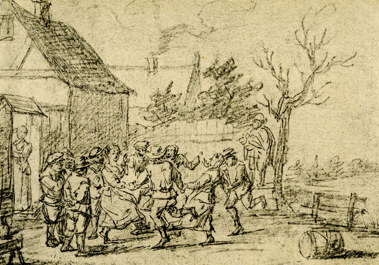 Chłopi tańczą przed domem autorstwa David Teniers the Younger