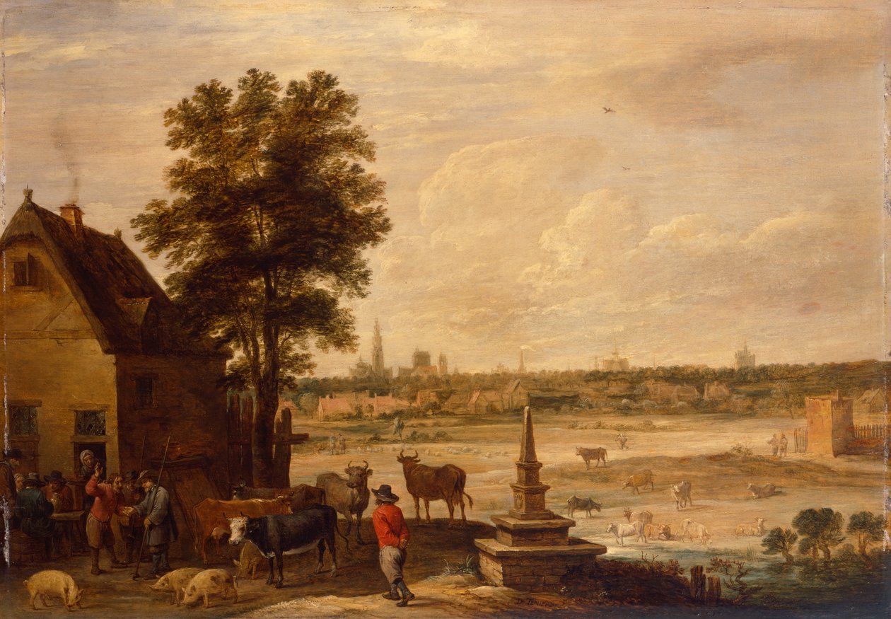 Chłopi dobijają targu w sprawie sprzedaży świni na granicy miasta Antwerpia (olej na panelu) autorstwa David Teniers the Younger