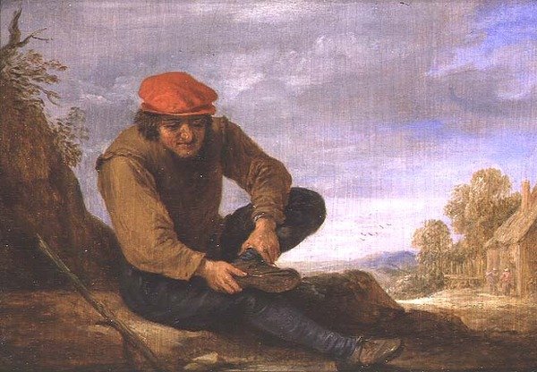 Siedzący mężczyzna zdejmujący but (panel) autorstwa David Teniers the Younger