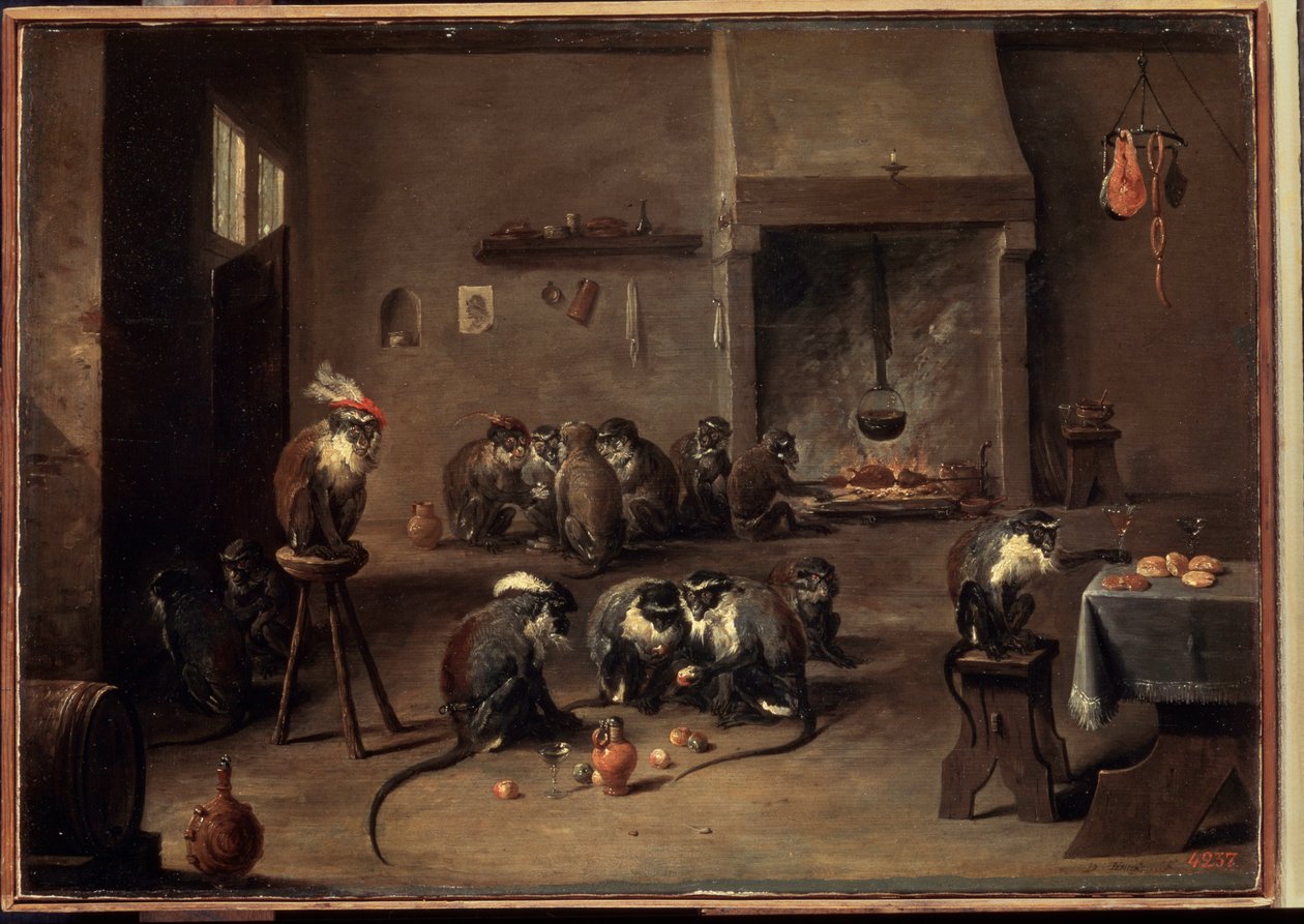 Małpy w kuchni. Obraz Davida Teniersa młodszego (1610-1690). Olej na płótnie, 36 x 50,5 cm, ok. 1640. Sztuka flamandzka, Sztuka baroku. Muzeum Ermitażu w Sankt Petersburgu. autorstwa David Teniers the Younger