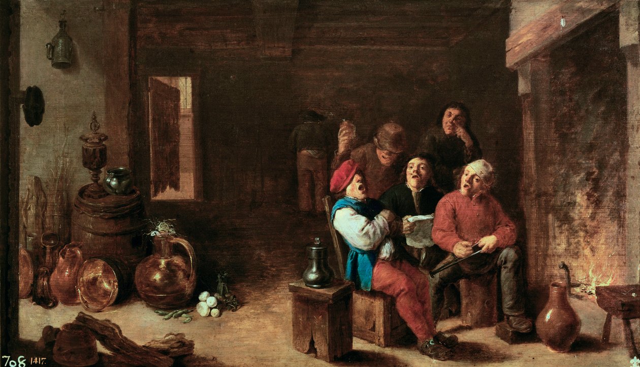 Śpiew w kuchni. Obraz Davida Teniersa II Młodego (1610-1690). Olej na drewnie, ok. 1633, sztuka flamandzka. Muzeum Prado w Madrycie. autorstwa David Teniers the Younger