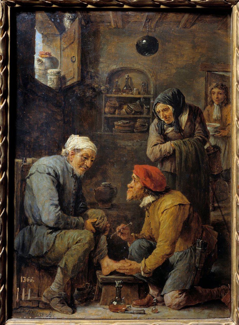 Chirurgia Mężczyzna zatrzymany w celu otwarcia stopy pacjenta. Obraz Davida Teniersa II Młodego (1610-1690) XVII w. Niedz. 0,33x0,25 m Madryt, Muzeum Prado autorstwa David Teniers the Younger
