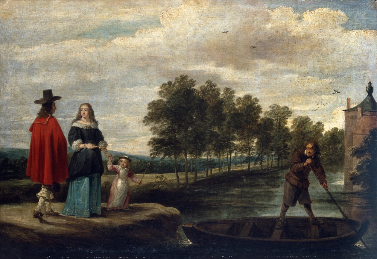 Artysta, jego żona i dziecko przy fosie swojej rezydencji, Perck (olej na płótnie) autorstwa David Teniers the Younger