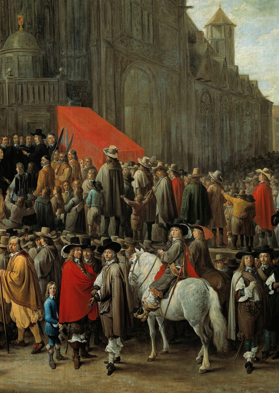 Gra papegai w Brukseli 1652 Gra polegająca na strzelaniu do tarczy wykonanej z drewnianego lub tekturowego ptaka umieszczonego na szczycie słupa (detal) autorstwa David Teniers the Younger