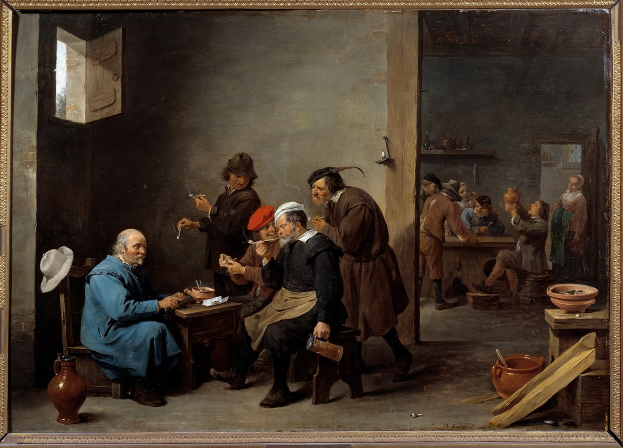 Mężczyzna w białym kapeluszu Grupa mężczyzn palących fajkę w karczmie. Obraz Davida Teniersa II młodego (1610-1690) autorstwa David Teniers the Younger