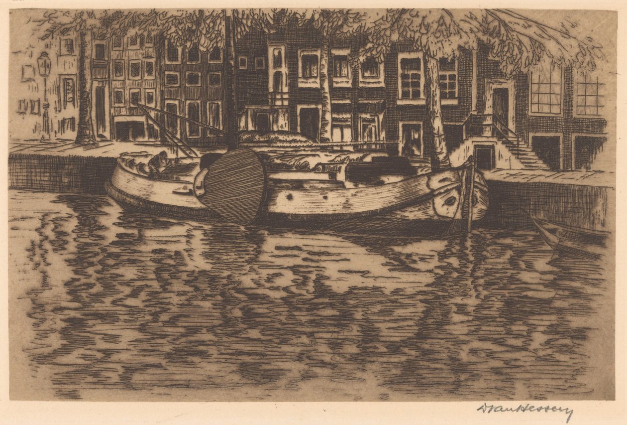 Kanał z zacumowaną żaglówką autorstwa David van Hessen (signed by artist)