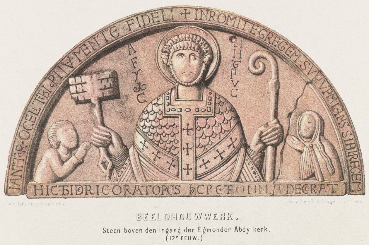 Tympaan van Egmond: bęben smyczkowy z Petrusem, hrabią Dirk VI z Holandii i jego matką hrabiną Petronellą, ok. 1120 Rzeźba. Kamień nad wejściem do kościoła Egmonder Abdy (XII w.) (tytuł na obiekcie) autorstwa David van der Kellen