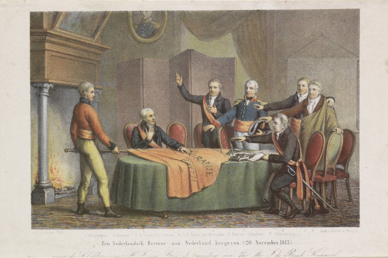 Przyjęcie Wysokiego Panowania przez Triumwirat w imieniu Księcia Orańskiego, 21 listopada 1813 r. Przywróć holenderski rząd do Holandii. (20 listopada 1813) (tytuł na obiekcie) autorstwa David van der Kellen