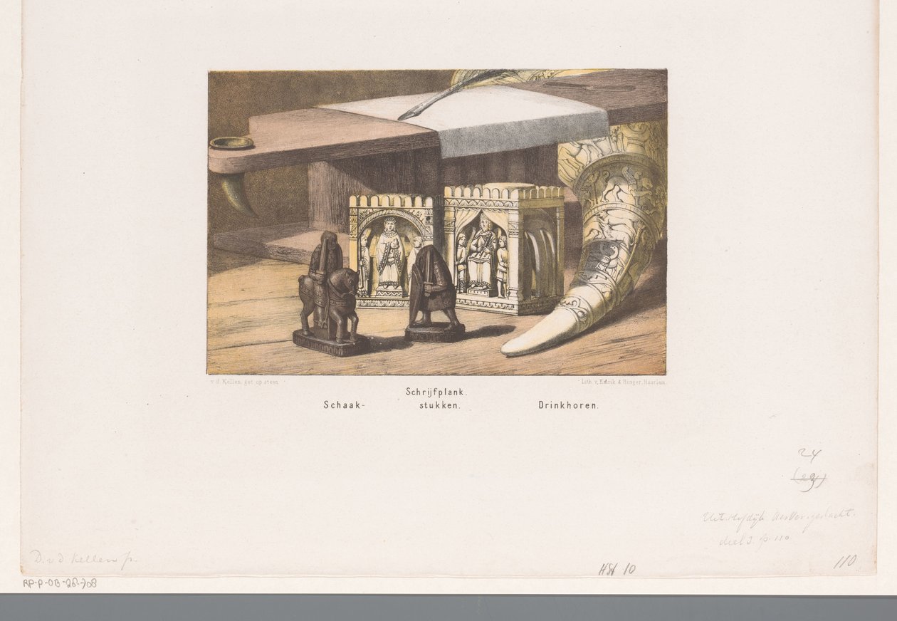 Figury szachowe, tablica do pisania i róg do picia, VIII i IX wiek „Pieczenie szachowe, tablica do pisania, róg do picia” (tytuł na obiekcie) autorstwa David van der Kellen