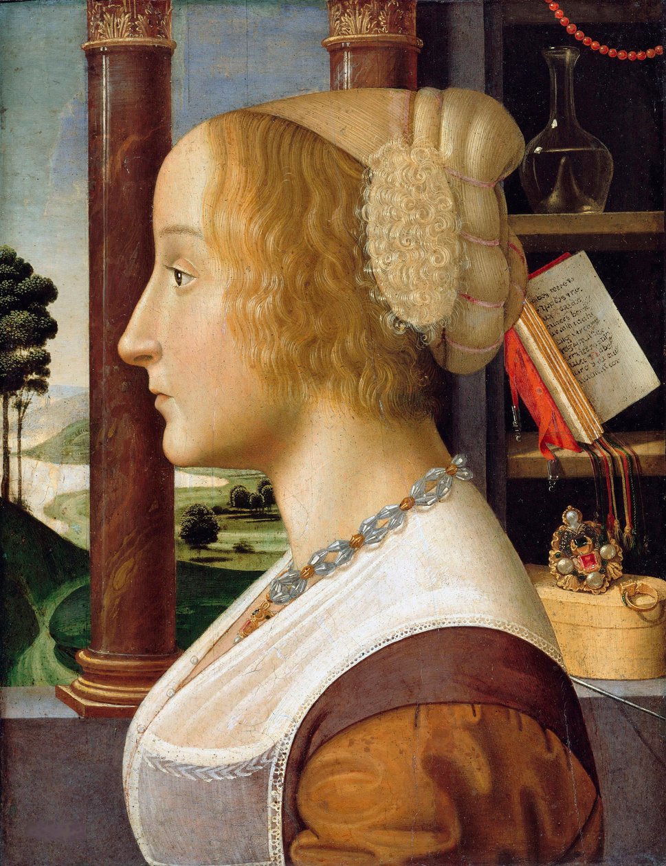 ""Portret profilowy młodej kobiety"" (Portret profilowy młodej kobiety) Obraz Davide Ghirlandaio (1452-1525) około 1490 Dim 44,6x34,3 - Staatliche Museen, Berlin autorstwa Davide Ghirlandaio