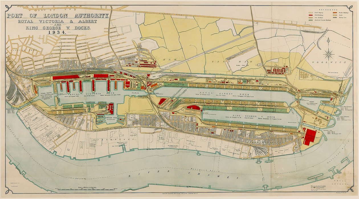 Royal Victoria and Albert and King George V Docks 1934, ok. 1934 r. (druk) autorstwa Day & Son Vincent Brooks