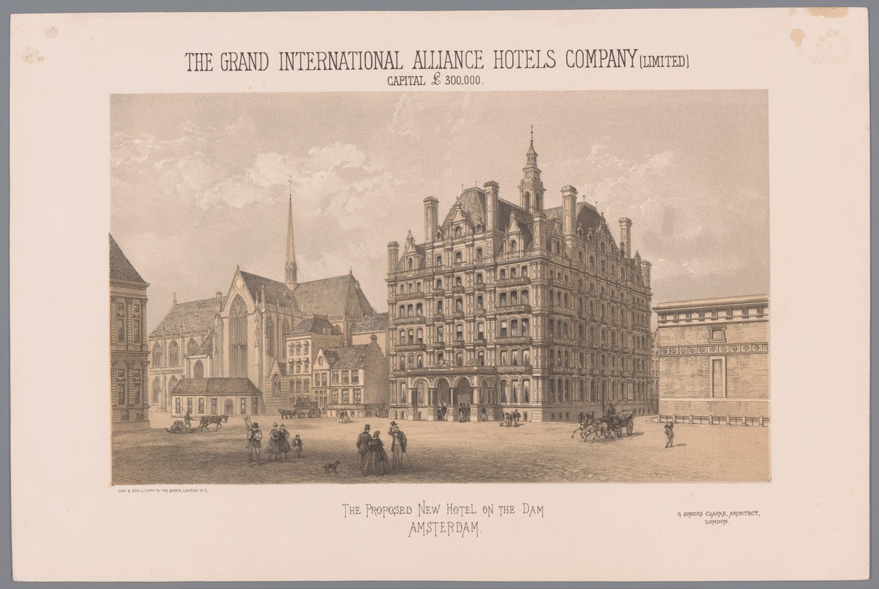 Projekt dla proponowanego hotelu na placu Dam w Amsterdamie Proponowany Nowy Hotel na Tamie Amsterdam (tytuł na obiekcie) Kapitał The Grand International Alliance Hotels Company (Limited) 300 000 £ (tytuł na obiekcie) autorstwa Day and Co.